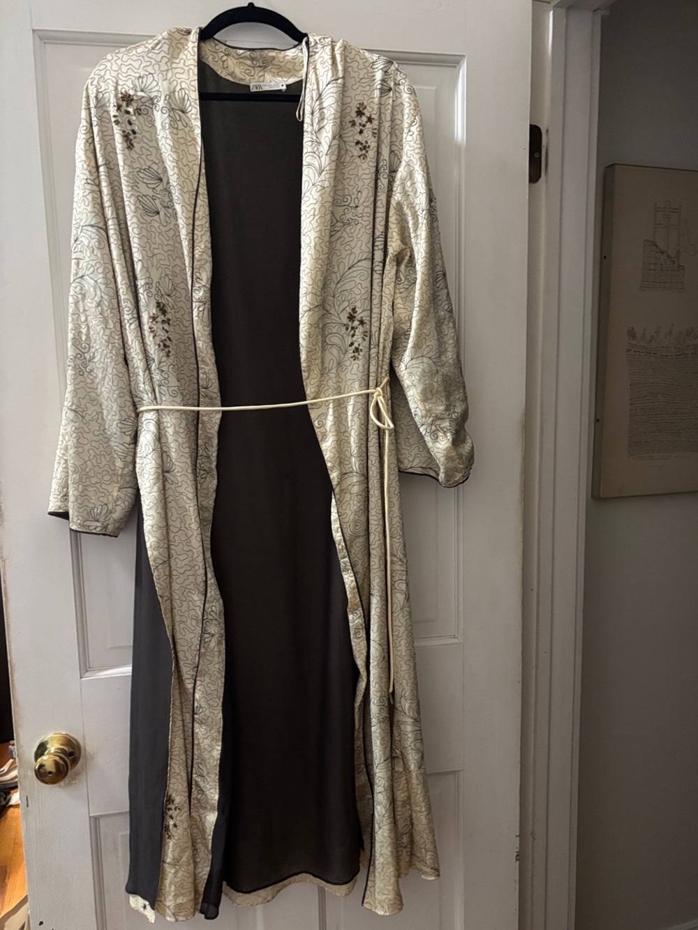 Zara Cream Floral Long Open-Front Kimono Coat Robe